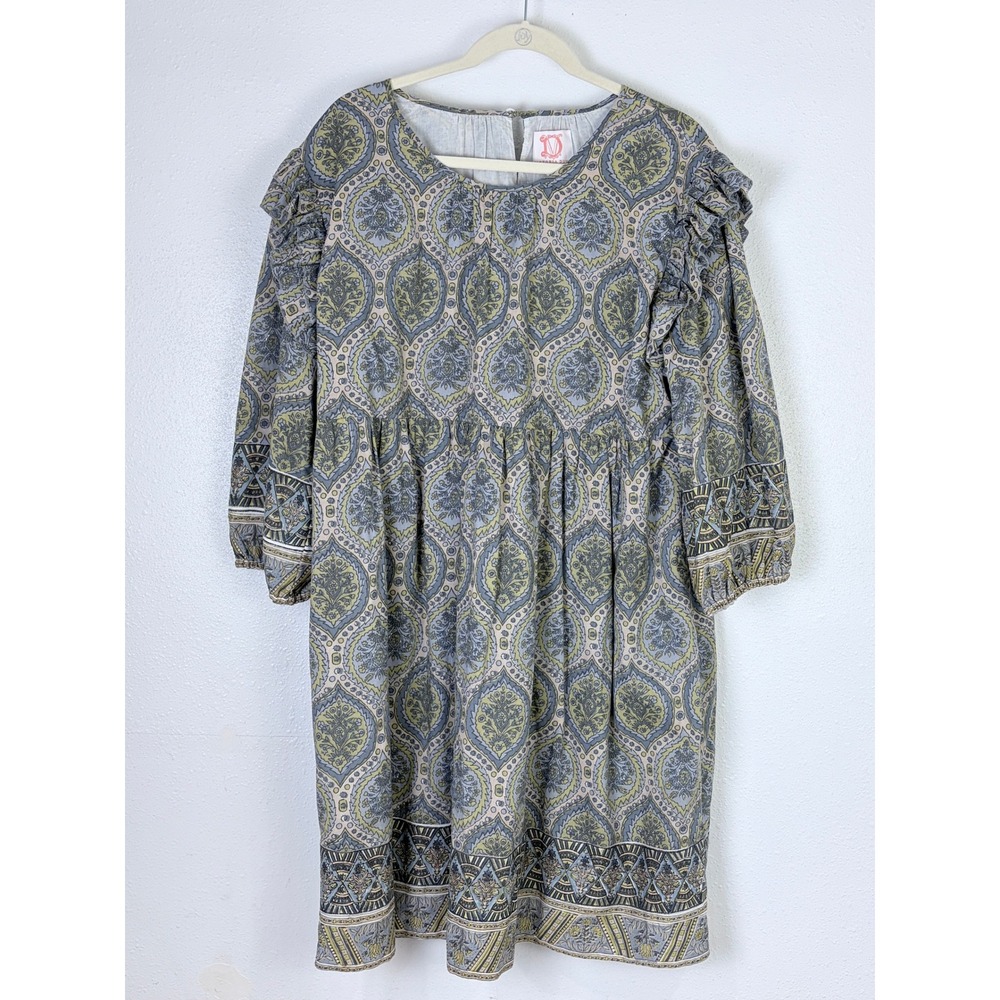 Victoria Dunn Shift Dress Blue Green Paisley Ruffle Block Print XL